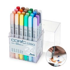 a clear box filled with lots of different colored markers