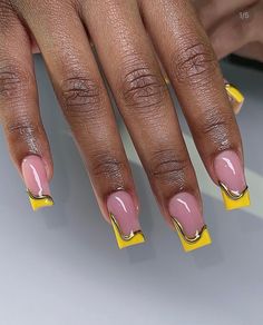 Elevate your style with our "Golden Sunrise" French press-on nails. This set features classic French tips reimagined with a vibrant yellow twist, bringing a sunny and cheerful touch to your manicure. Including medium and large sizes. Short Yellow Nails Design, Orange And Yellow Nail Designs, Color Tip Nails, Cute Yellow Nails, Black And Yellow Nails, Medium Short Nails, Yellow French Tip, Simple Nail Designs Acrylic, Golden Sunrise