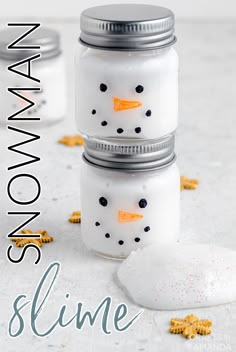 three mason jars with snowmen painted on them and the words slow - making slime written below