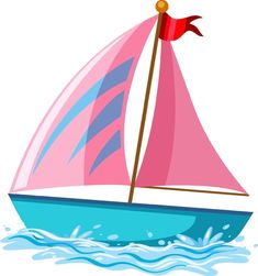 a pink sailboat floating on top of the ocean