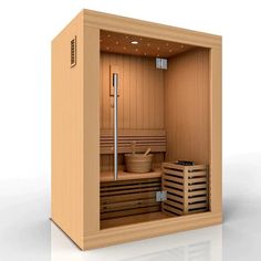 a wooden sauna is shown with the door open