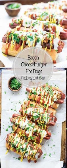 bacon cheeseburger hot dogs on a table with condiments and green sauce