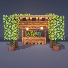 a wooden gazebo with plants and lights on it