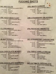 the menu for pudding shots is shown in black and white