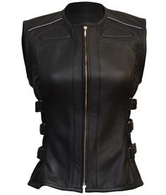 "Woman leather motorcycle vest specially designed for maximum convenience and comfort of women riders. Bright sport design for the feminine silhouette combined in this vest model. Made of genuine leather, skin thickness 1.2-1.3 mm. This motorcycle vest has been specially made with all features of the female figure. Powerful protectors will protect the back. 1.2mm-1.3mm premium leather chassis CE approved Stryker back protector (removable) Large accessible back panel for attaching club patch Side Sleeveless Fitted Leather Biker Jacket, Fitted Sleeveless Leather Biker Jacket, Sleeveless Leather Jacket For Biker Events, Fitted Sleeveless Biker Jacket For Biker Events, Fitted Sleeveless Biker Jacket For Events, Moto Style Sleeveless Vest For Biker Events, Sleeveless Biker Leather Jacket For Biker Events, Black Fitted Moto Vest, Sleeveless Biker Leather Vest Jacket