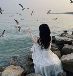 a woman sitting on rocks near the water with seagulls flying above her