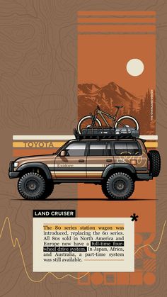 an advertisement for the toyota land cruiser is shown in brown and orange colors, with two bicycles on top