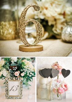 wedding decorations and table numbers are shown in gold, silver, and white colors with flowers