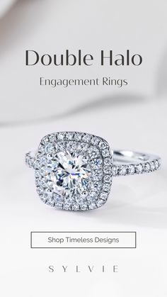 an engagement ring is shown with the words, double halo engagement rings shop timeless designs