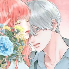 an anime character and a woman with red hair holding flowers in front of their face