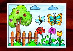 a drawing of flowers and butterflies in front of a fence with a tree on the other side