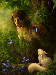 a painting of a girl and a white rabbit in the woods with butterflies around her