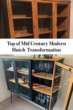 the top of a wooden cabinet with glass doors and bottom shelf filled with wine glasses