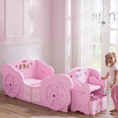 Give your little princess a royal retreat at bedtime with this Disney Princess Carriage toddler-to-twin bed frame. Â© DisneyFind the right mattress for baby's crib. Shop Now. Easily transforms from toddler to twin using the included conversion kitToddler version holds standard crib mattress (not included) & twin version accommodates standard twin mattress (not included)Box spring & optional bunky board not includedRemovable storage benchDisney Princess easy-to-apply stickersRhinestone ac Toddler Canopy Bed, Princess Carriage Bed, Disney Princess Carriage, Carriage Bed, Convertible Toddler Bed, Disney Princess Toddler, Disney Bedding, Princess Carriage, Princess Room