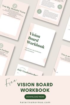 the vision board workbook is surrounded by pink and white papers with green lettering on them