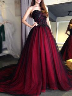 Black Tulle Ball Gown For Prom Season, Black Long Train Dress For Prom, Black Dress With Long Train For Prom Season, Red Evening Dress With Long Train For Prom, Red Tulle Ball Gown For Banquet, Red Ball Gown With Sweep Train For Evening, Red Tulle Ball Gown For Prom Season, Red Tulle Prom Gown, Tulle Ball Gown With Sweep Train For Evening