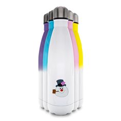 thermos bottles are multicolored and have a snowman on one side