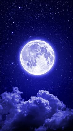 the full moon is shining brightly in the night sky with clouds and stars around it