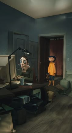 an animated man sitting at a desk with a computer in front of him and another person standing next to him