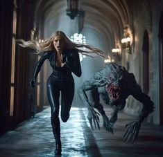 a woman running down a hallway next to a creepy creature