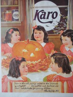 an advertisement for karo pumpkins with children looking at the jack - o'- lantern