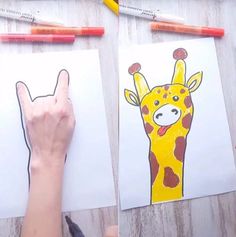 two children's drawings of giraffes with colored pencils