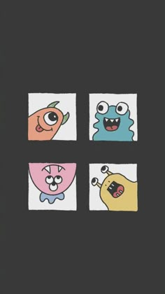 four different colored cartoon characters on a black background, one with eyes and the other with mouth