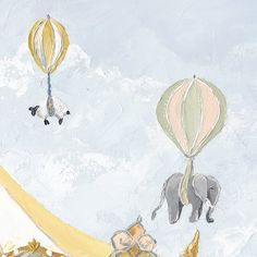 an elephant and other animals are flying in the sky with hot air balloons above them