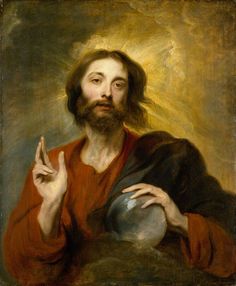 a painting of jesus holding a silver ball and giving the peace sign with his hand