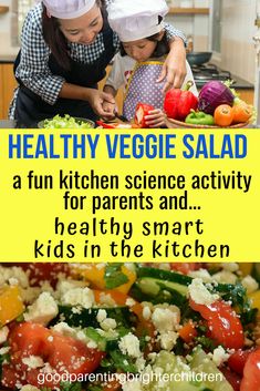 two children in chef hats are cooking vegetables on a kitchen counter with text overlay that reads healthy veggie salad