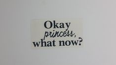 a sticker on the side of a refrigerator saying okay princess, what now?