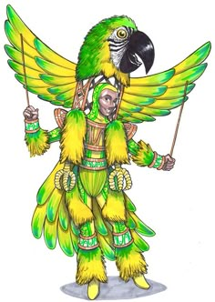 a drawing of a person dressed in green and yellow with a parrot on his shoulder