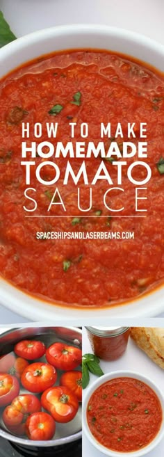 how to make homemade tomato sauce in a bowl with tomatoes and bread on the side