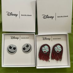 Set Of Jack And Sally! Brand New. Mix And Match To Have 1 Set For You And A Friend. Add A Touch Of Spooky Elegance To Your Outfit With These Disney X Baublebar Jack Skellington And Sally Stud Earrings. These Earrings Are Perfect For Any Fan Of The Beloved Nightmare Before Christmas Franchise. Note These Are For Pierced Ears. Jack Earrings Are Made Out Of Pearl Like Stones And Black Glitter Enamel. Sally Has An Enamel Face, Rhinestone Lips And Beaded Hair. Jack Is About 1 Inch Long And Sally Is A Rhinestone Lips, Skeleton Earrings, Beaded Hair, Jack And Sally, Halloween Earrings, Hair Beads, Disney Christmas, Christmas Earrings, Disney Halloween