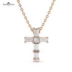 Luxury Diamond Cross Pendant This hand-crafted luxury diamond cross pendant is a stunning piece of jewelry that will make you feel blessed and beautiful. The pendant features a cross design, made of 18k gold in your choice of white, yellow, or rose gold. The cross is embellished with six natural diamonds, round and baguette cut and prong-set, with a total carat weight of 0.38ct. The diamonds have an average color of F/G and an average clarity of VS/SI, meaning they are near colorless and very slightly included. The pendant has an average diameter of 9x6.50mm and an average weight of 2.50g. The pendant hangs from a fine, 18k gold chain that matches the color of the cross. This luxury diamond cross pendant is a timeless and elegant accessory that will add a touch of sparkle and sophisticatio Stackable Ring Sets, 18k Gold Chain, Halo Earrings, Luxury Diamonds, Diamond Cross Pendants, Average Weight, Diamond Cross, Cross Design, Engagement Ring Styles