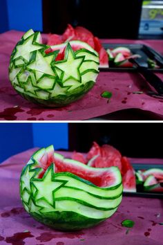 there is a watermelon carved to look like a boat