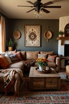 a living room filled with furniture and a fire place under a ceiling fan in front of a window