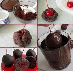 chocolate desserts with cherries and whipped cream on top are shown in four different pictures