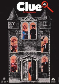 the movie poster for clue, starring actors in front of a house with doors and windows