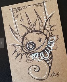 a drawing of a demon with horns and wings