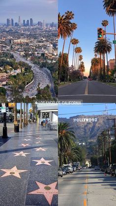 the hollywood walk of fame is shown with palm trees and mountains in the background,