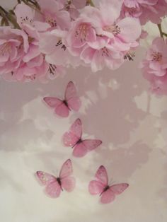 pink flowers and butterflies flying in the air