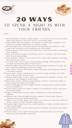 an advertisement with the words 20 ways to spend a night in with your friends