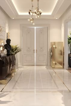 an elegant hallway with white walls and gold accents