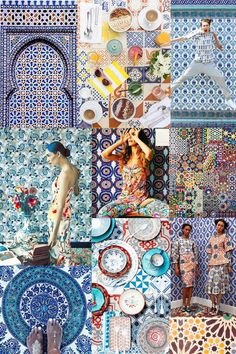 a collage of photos with different colors and patterns on them, including plates, bowls,