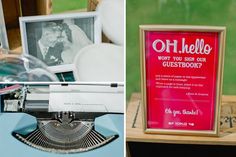 an old fashioned typewriter with a sign that says oh helle, not you sink our guest book?