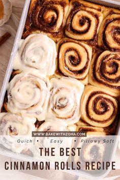 cinnamon rolls in a baking pan with icing on top and the title overlay