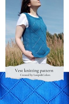 a woman wearing a blue vest and white shirt with the text, vest knitting pattern created by loops & colors