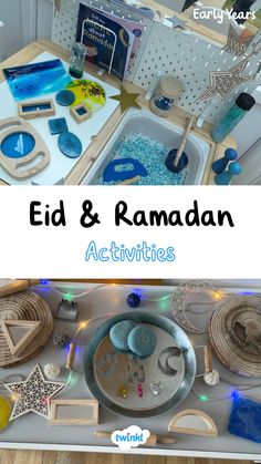 A wonderful Ramadan and Eid sensory tray set up! Thanks Nickie's Nippers Childcare. Click for more tuff tray ideas for Eid Eid Activities For Kids, Ramadan Activities For Kids, Eid Activity, Crescent Moon Symbol, Tuff Tray Ideas, Eid Moubarak, Sensory Tray