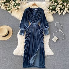 Velvet Long Dress, Long Dress Elegant, High Waist Maxi Dress, Long Dresses Elegant, Velvet Dress Long, Long Sleeve Velvet Dress, Long Blue Dress, Velvet Maxi Dress, Split Dress